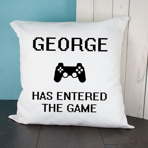 Buy Personalised Baby Has Entered The Game Cushion Cover available now at www.giftsfinder.co.uk