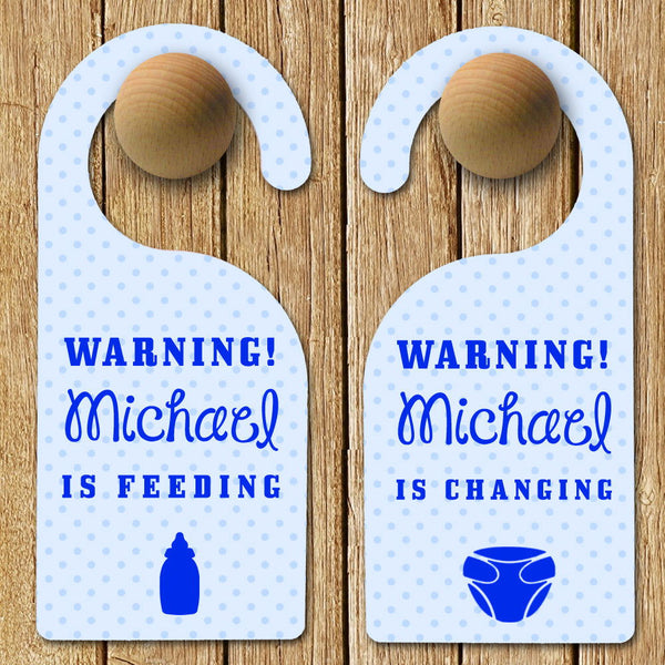 Buy Personalised Baby Warning Door Hanger in Blue available now at www.giftsfinder.co.uk