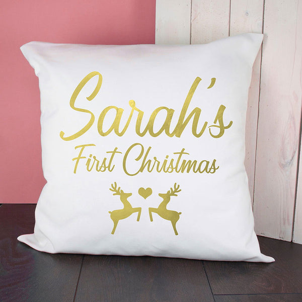 Buy Personalised Baby's First Christmas Cushion Cover available now at www.giftsfinder.co.uk