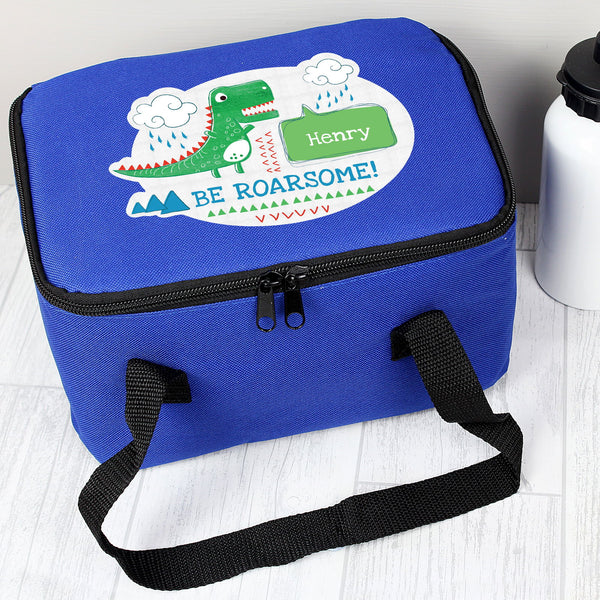 Personalised 'Be Roarsome' Dinosaur Lunch Bag available to buy at www.giftsfinder.co.uk