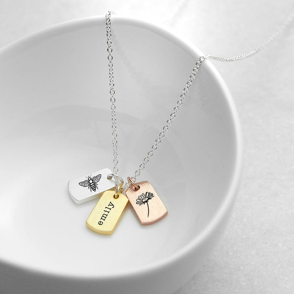 Buy Personalised Bee and Flower Mini Tag Necklace available now at www.giftsfinder.co.uk