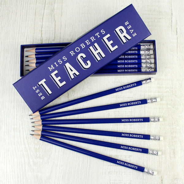 Personalised Best Teacher Ever Box and 12 Blue HB Pencils available to buy at www.giftsfinder.co.uk