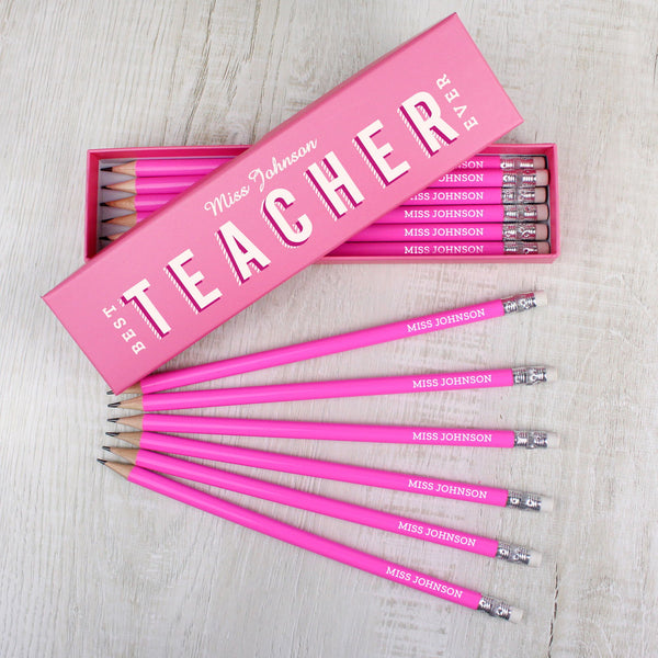 Personalised Best Teacher Ever Box and 12 Pink HB Pencils available to buy at www.giftsfinder.co.uk