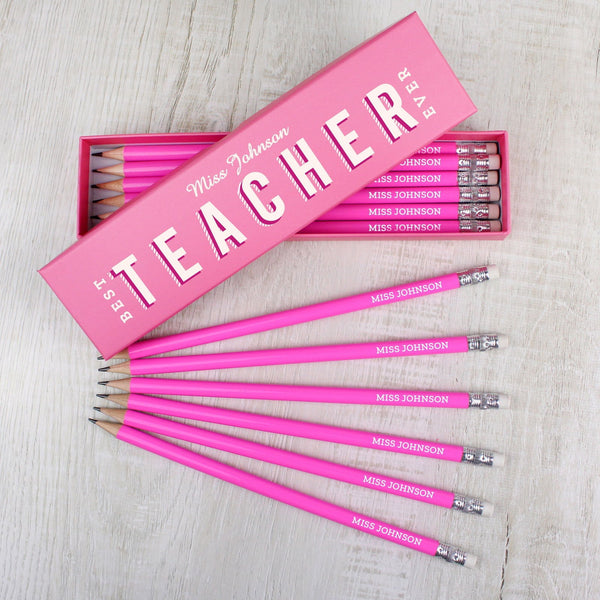 Buy Personalised Best Teacher Ever Box and 12 Pink HB Pencils available now at www.giftsfinder.co.uk