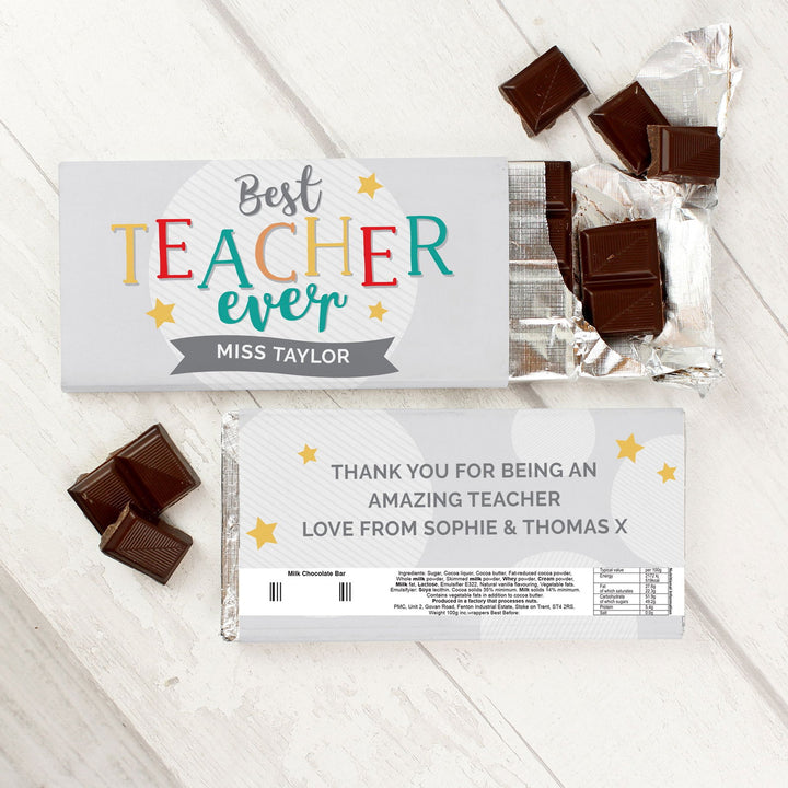 Buy Personalised Best Teacher Ever Milk Chocolate Bar available now at www.giftsfinder.co.uk