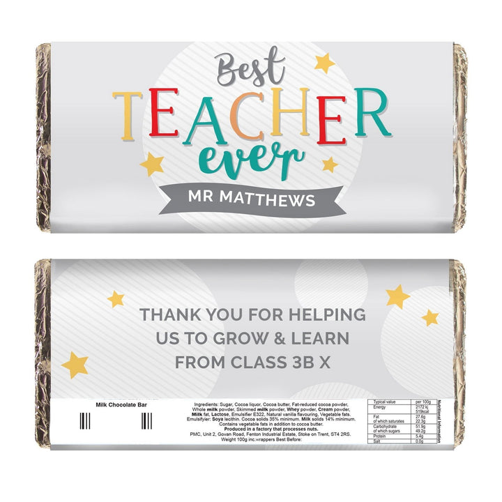 Buy Personalised Best Teacher Ever Milk Chocolate Bar available now at www.giftsfinder.co.uk