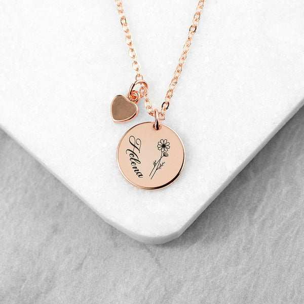 Buy Personalised Birth Flower Heart and Disc Necklace available now at www.giftsfinder.co.uk