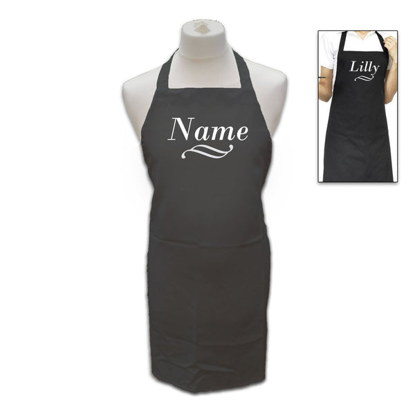 Buy Personalised Black Apron with Name and Flourish available now at www.giftsfinder.co.uk