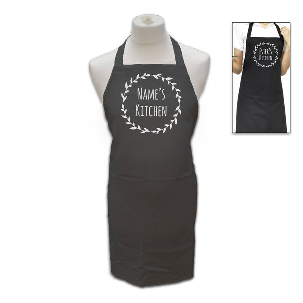 Buy Personalised Black Apron with Name's Kitchen Wreath available now at www.giftsfinder.co.uk