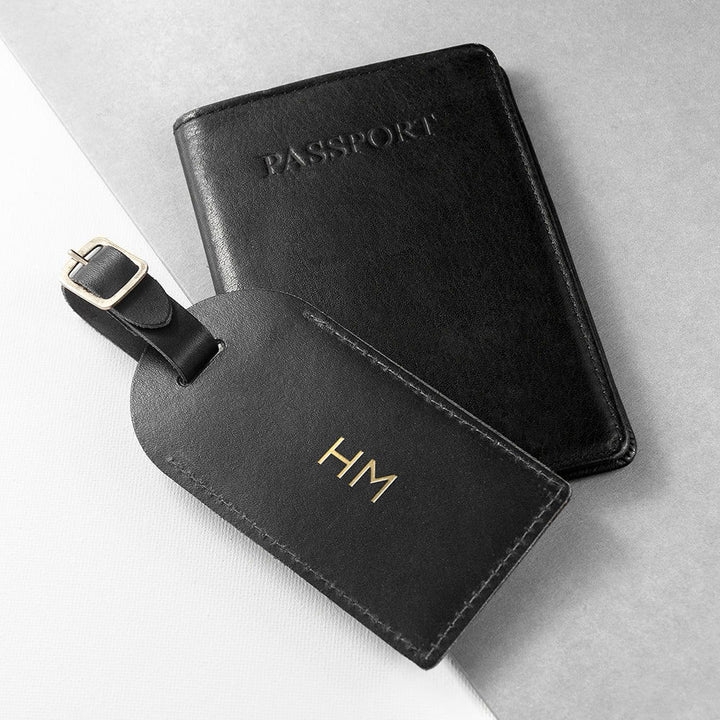 Buy Personalised Black Foiled Leather Luggage Tag available now at www.giftsfinder.co.uk