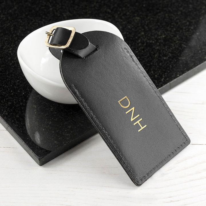 Buy Personalised Black Foiled Leather Luggage Tag available now at www.giftsfinder.co.uk