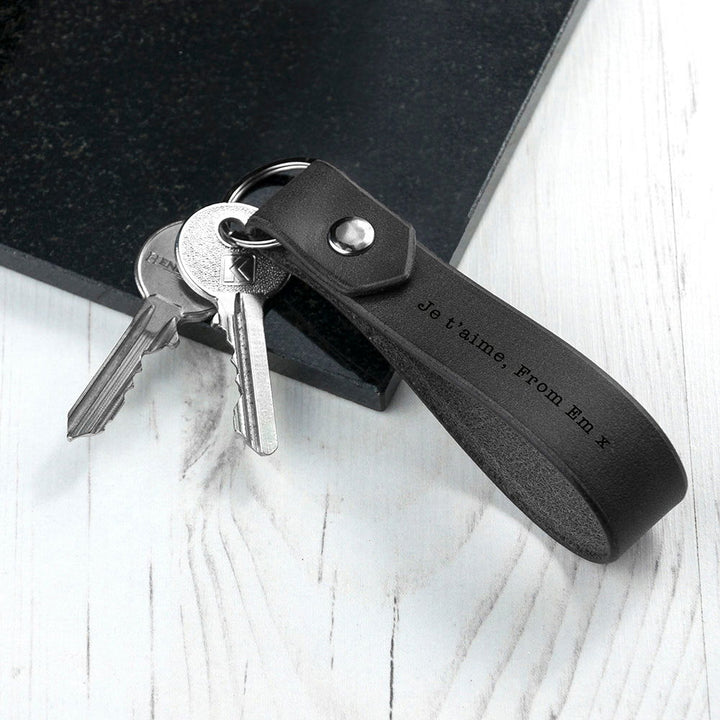 Buy Personalised Black Leather Keyring available now at www.giftsfinder.co.uk