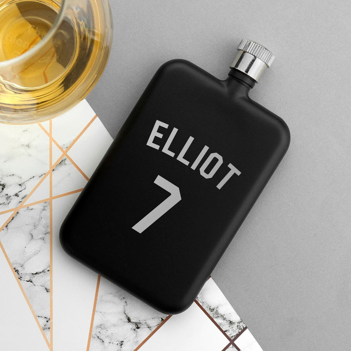 Buy Personalised Black Slimline Football Shirt Hip Flask available now at www.giftsfinder.co.uk