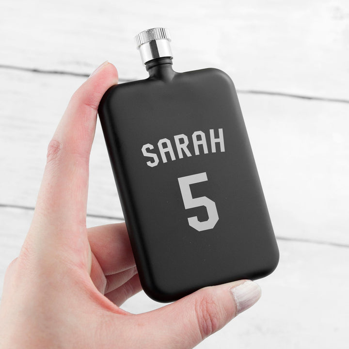 Buy Personalised Black Slimline Football Shirt Hip Flask available now at www.giftsfinder.co.uk