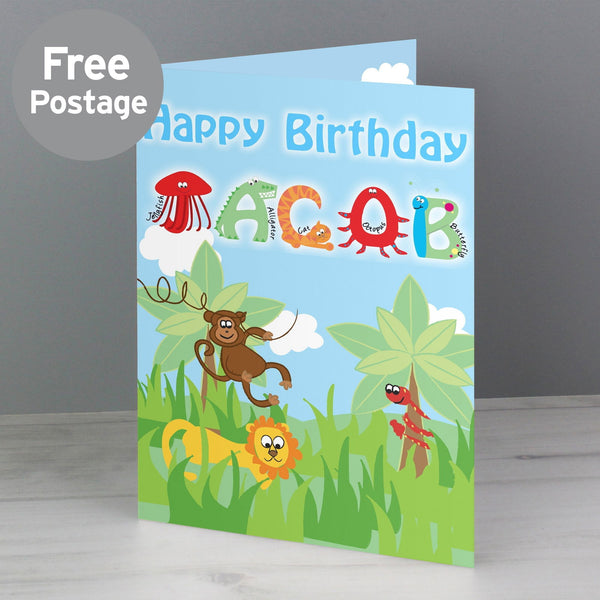 Buy Personalised Blue Animal Alphabet Card available now at www.giftsfinder.co.uk