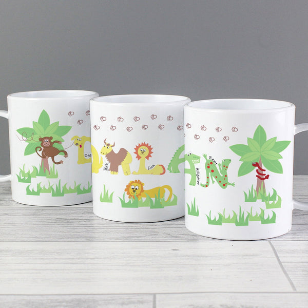 Buy Personalised Blue Animal Alphabet Plastic Mug available now at www.giftsfinder.co.uk