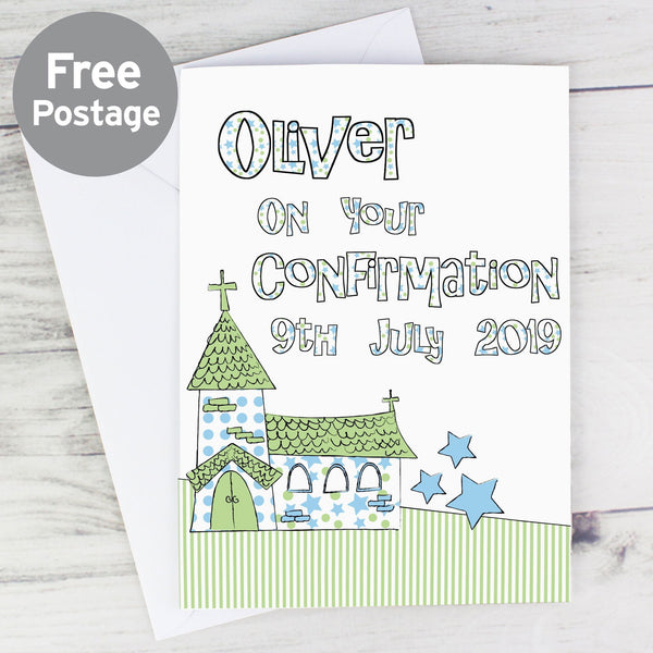 Buy Personalised Blue Church Card available now at www.giftsfinder.co.uk