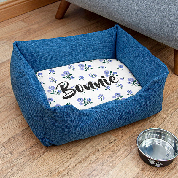 Buy Personalised Blue Comfort Dog Bed with Blue Floral Design available now at www.giftsfinder.co.uk