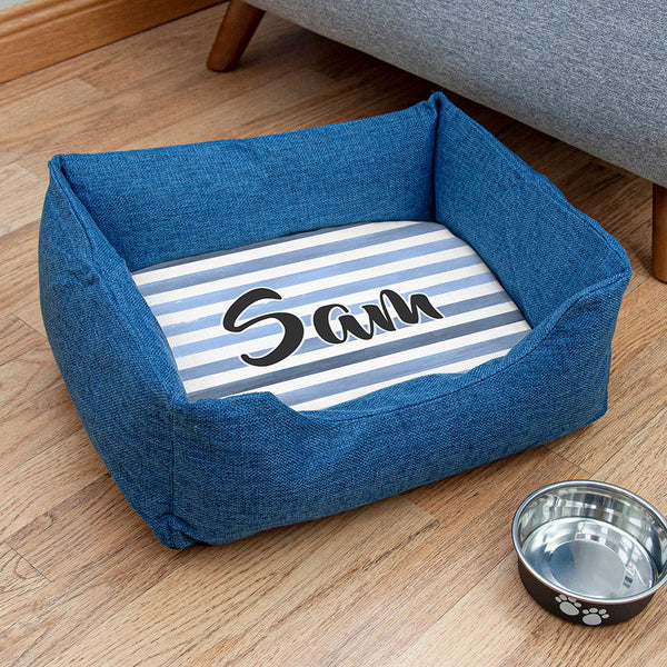 Buy Personalised Blue Comfort Dog Bed with Blue Striped Design available now at www.giftsfinder.co.uk