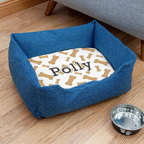 Buy Personalised Blue Comfort Dog Bed with Dog Biscuit Design available now at www.giftsfinder.co.uk