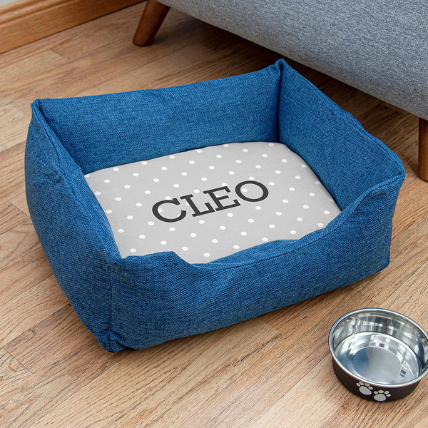 Buy Personalised Blue Comfort Dog Bed with Grey Spots Design available now at www.giftsfinder.co.uk