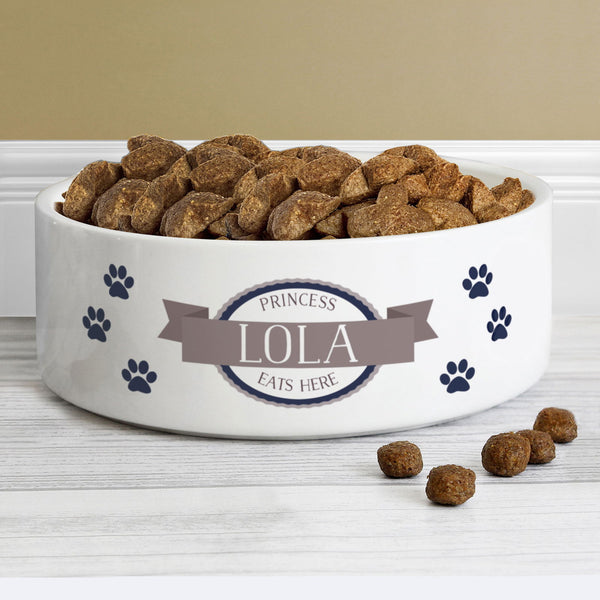 Personalised Blue Paws 14cm Medium White Pet Bowl available to buy at www.giftsfinder.co.uk