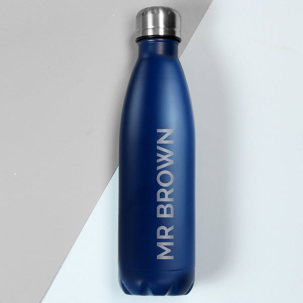 Personalised Bold Name Blue Metal Insulated Drinks Bottle available to buy at www.giftsfinder.co.uk