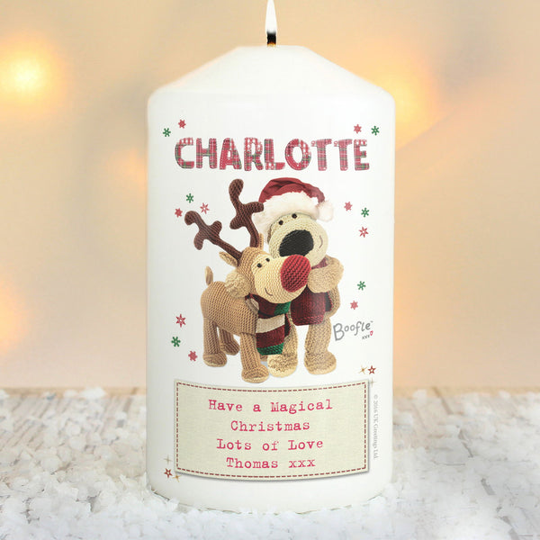 Personalised Boofle Christmas Reindeer Pillar Candle available to buy at www.giftsfinder.co.uk