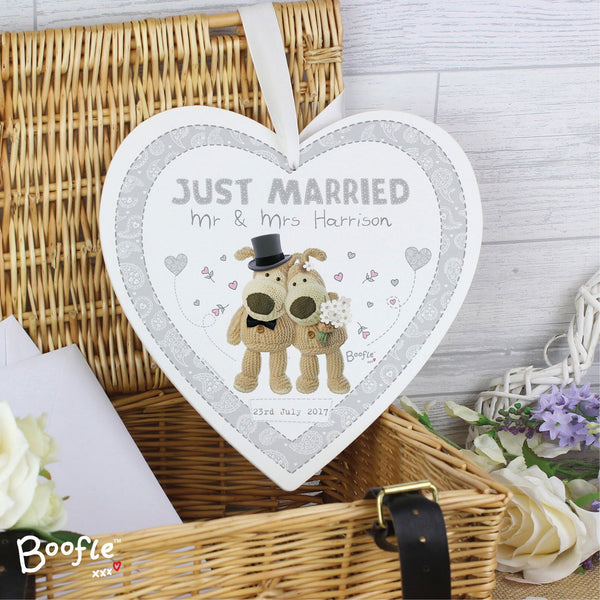 Personalised Boofle Wedding Large Wooden Heart Decoration available to buy at www.giftsfinder.co.uk