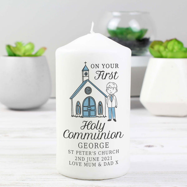 Personalised Boys First Holy Communion Pillar Candle available to buy at www.giftsfinder.co.uk