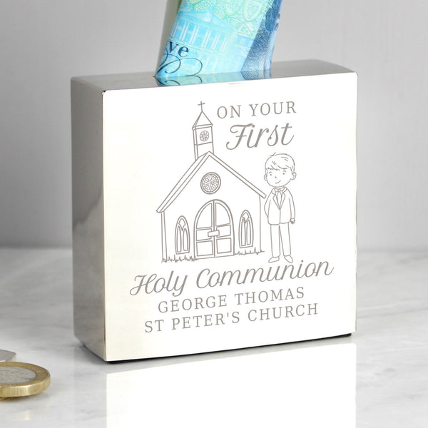 Buy Personalised Boys First Holy Communion Square Money Box available now at www.giftsfinder.co.uk