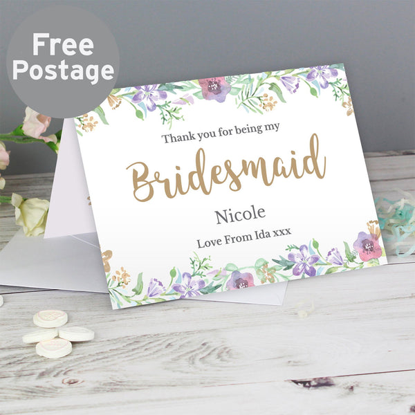 Personalised Bridesmaid 'Floral Watercolour Wedding' Card available to buy at www.giftsfinder.co.uk