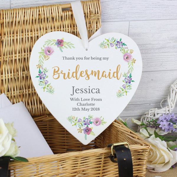 Buy Personalised Bridesmaid 'Floral Watercolour Wedding' Large Wooden Heart Decoration available now at www.giftsfinder.co.uk