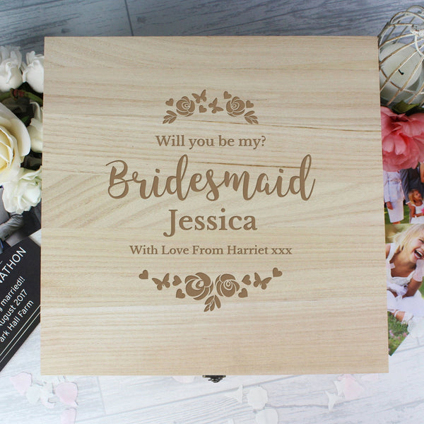 Buy Personalised Bridesmaid 'Floral Watercolour Wedding' Large Wooden Keepsake Box available now at www.giftsfinder.co.uk