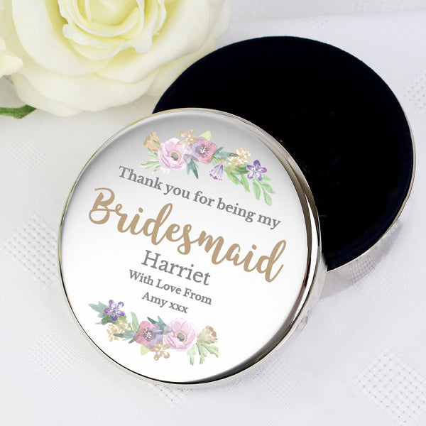 Buy Personalised Bridesmaid 'Floral Watercolour Wedding' Round Trinket Box available now at www.giftsfinder.co.uk