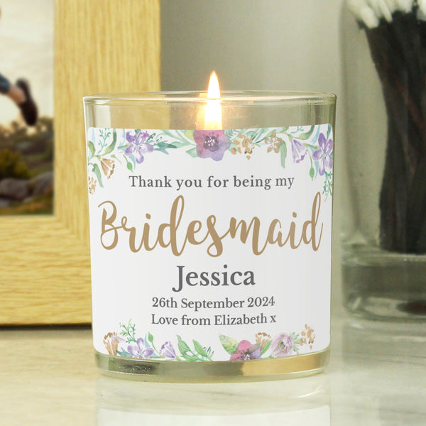 Personalised Bridesmaid 'Floral Watercolour Wedding' Scented Jar Candle available to buy at www.giftsfinder.co.uk