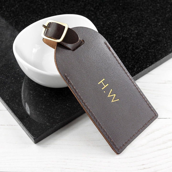 Buy Personalised Brown Foiled Leather Luggage Tag available now at www.giftsfinder.co.uk