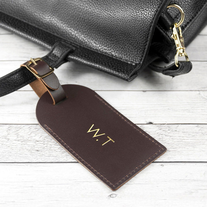 Buy Personalised Brown Foiled Leather Luggage Tag available now at www.giftsfinder.co.uk