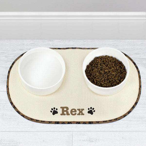 Personalised Brown Paw Print Pet Bowl Placemat available to buy at www.giftsfinder.co.uk