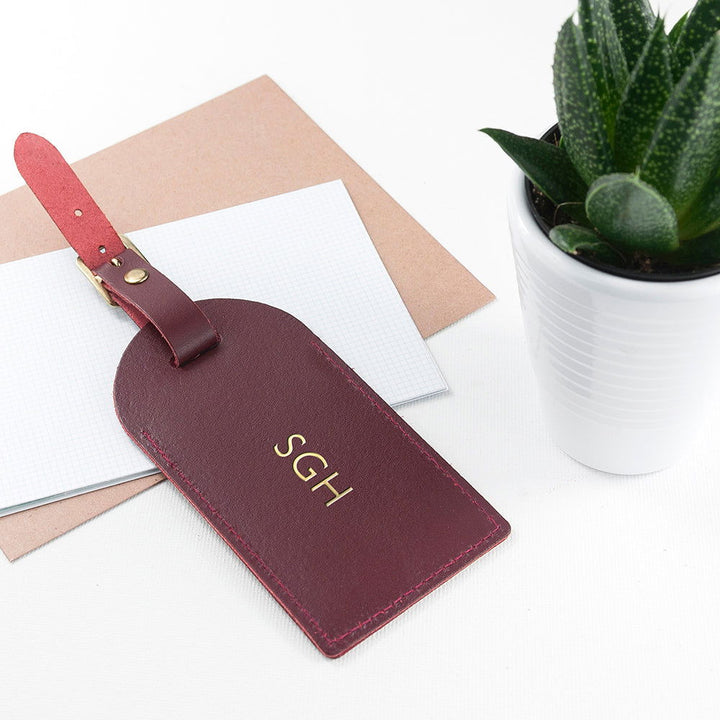 Buy Personalised Burgundy Foiled Leather Luggage Tag available now at www.giftsfinder.co.uk