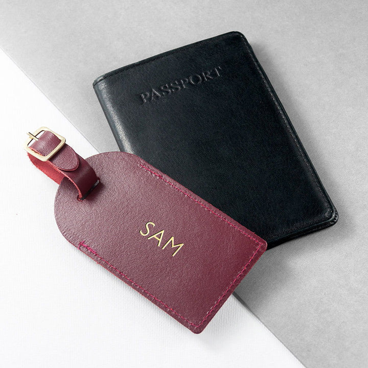 Buy Personalised Burgundy Foiled Leather Luggage Tag available now at www.giftsfinder.co.uk