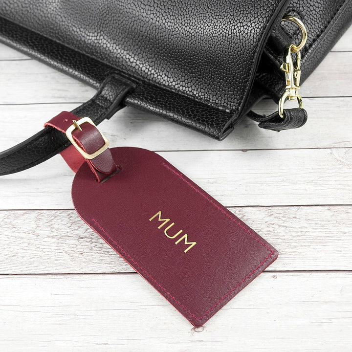 Buy Personalised Burgundy Foiled Leather Luggage Tag available now at www.giftsfinder.co.uk