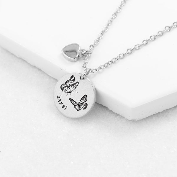 Buy Personalised Butterfly Dance Matte Heart & Disc Necklace available now at www.giftsfinder.co.uk