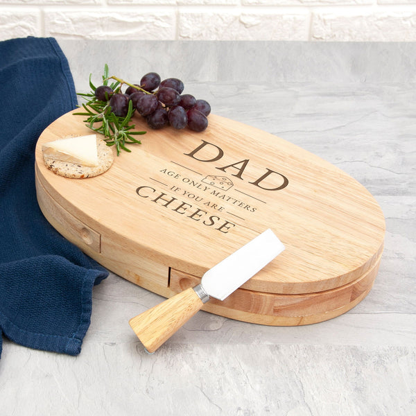 Buy Personalised Cheese Pun Oval Wooden Cheese Board Set available now at www.giftsfinder.co.uk