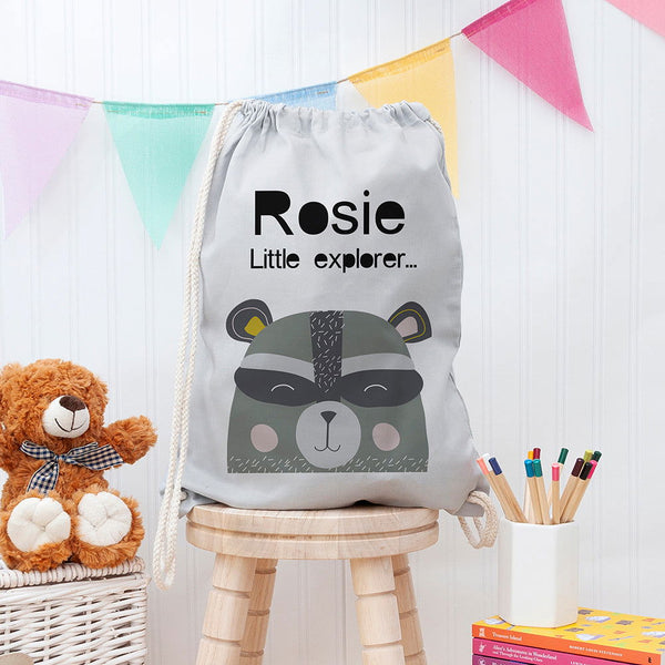 Buy Personalised Children's Raccoon Cotton Nursery Bag available now at www.giftsfinder.co.uk