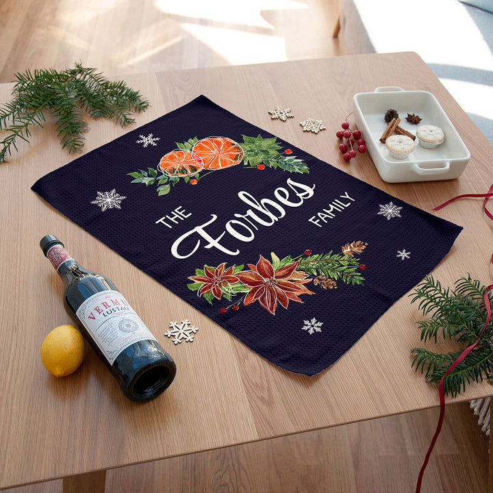 Personalised Christmas Clementine Tea Towel available to buy at www.giftsfinder.co.uk