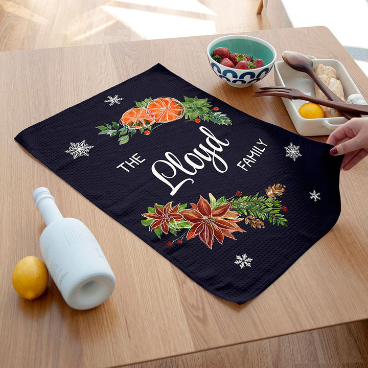 Personalised Christmas Clementine Tea Towel available to buy at www.giftsfinder.co.uk