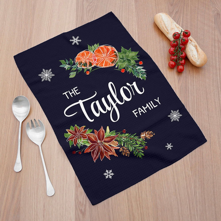 Personalised Christmas Clementine Tea Towel available to buy at www.giftsfinder.co.uk