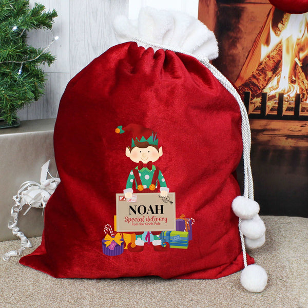 Personalised Christmas Elf Luxury Pom Pom Red Sack available to buy at www.giftsfinder.co.uk