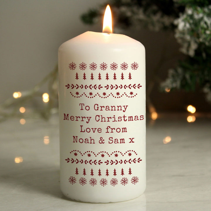 Personalised Christmas Fair Isle Pillar Candle available to buy at www.giftsfinder.co.uk